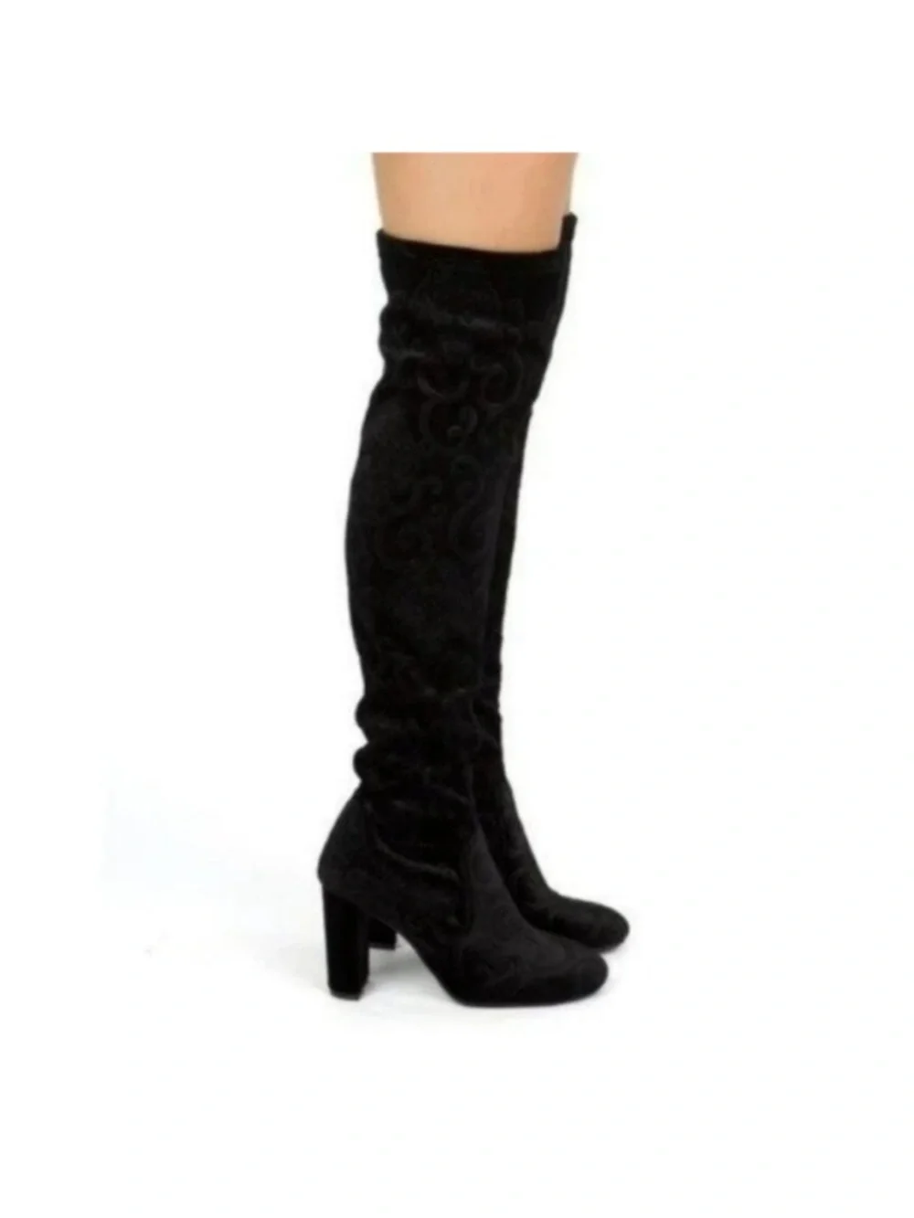 Black embroidered over the knee boots chunky block heel velvet